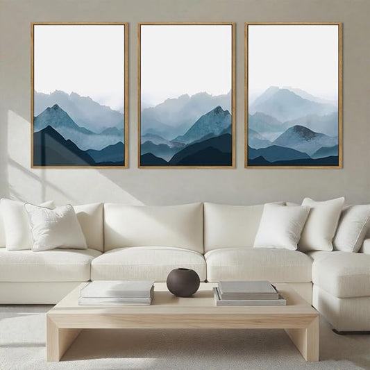BINCUE Large Blue Mountain Wall Art Fog Blue Ridge Mountains Artwork for Living Room Bedroom Office 24x36 Inch Set of 3