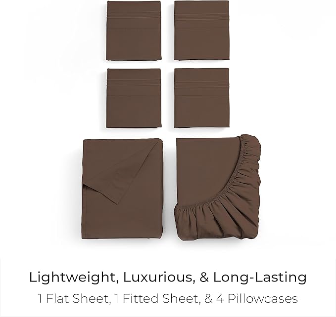 Mellanni Queen Sheet Set - 6-Piece Iconic Collection Bedding, (Including 4 Pillowcases), 21-Inch Extra Deep Pocket, Easy Care, Ultra Soft, Cooling Sheets, Brushed Microfiber - Brown