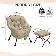 HollyHOME Lazy Chair with Foldable Ottoman, Accent Comfy Lounge Armchair and Folding Footrest Stool, Leisure Sofa Reading Chair and Footstool for Living Room, Bedroom, Dorm,Cotton-Linen Tan