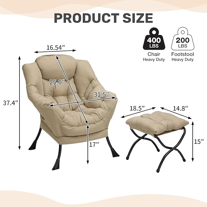 HollyHOME Lazy Chair with Foldable Ottoman, Accent Comfy Lounge Armchair and Folding Footrest Stool, Leisure Sofa Reading Chair and Footstool for Living Room, Bedroom, Dorm,Cotton-Linen Tan