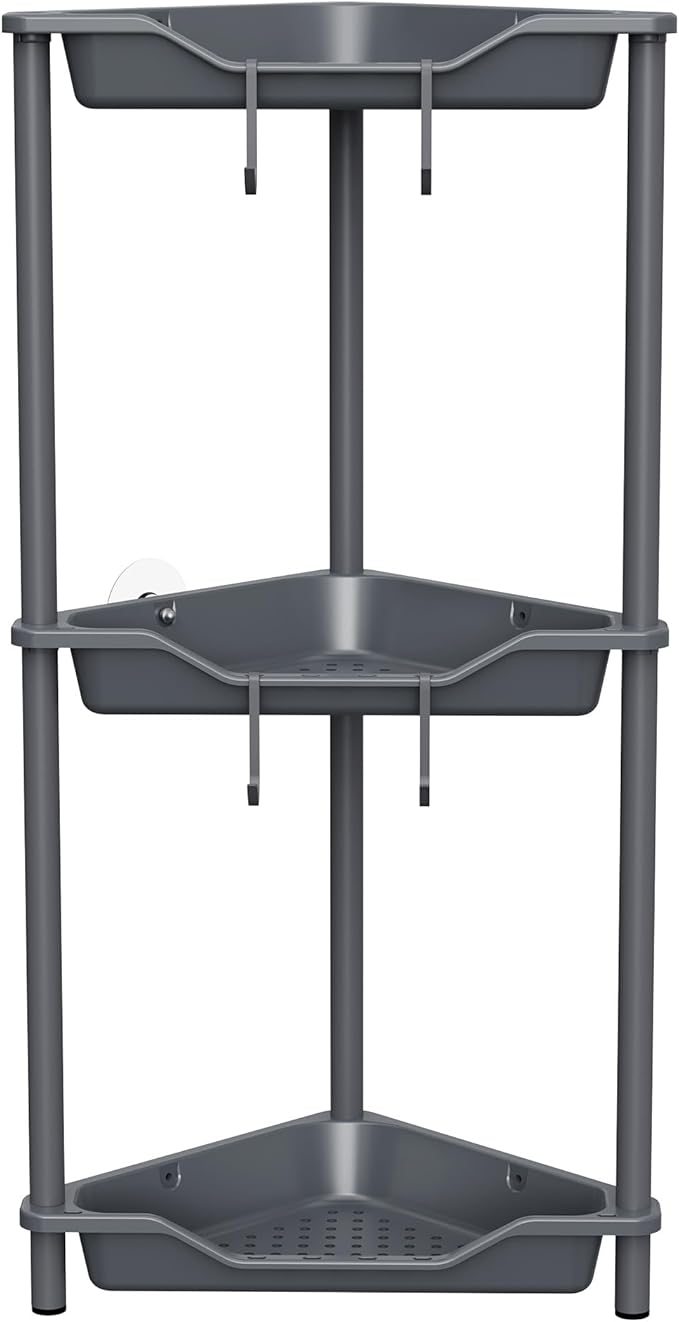 Orimade Rustproof 3 Tier Floor Standing Corner Shower Caddy Organizer, Plastic Metal Splicing Floor Corner Shelf Rack Stands for Bathroom, Grey