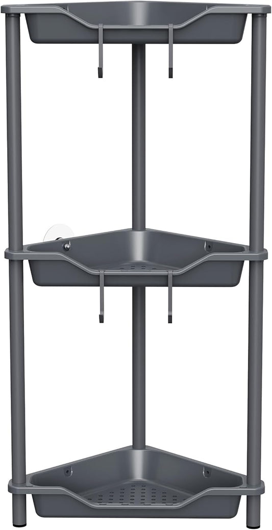 Orimade Rustproof 3 Tier Floor Standing Corner Shower Caddy Organizer, Plastic Metal Splicing Floor Corner Shelf Rack Stands for Bathroom, Grey