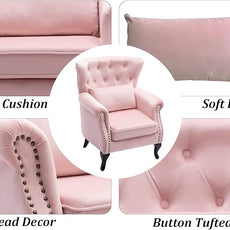 Set of 2 Mid Century Modern Accent Chair for Living Room, Velvet Armchair with Tufted Back and Wood Legs, Upholstered Lounge Armchair Single Sofa for Bedroom, Light Pink