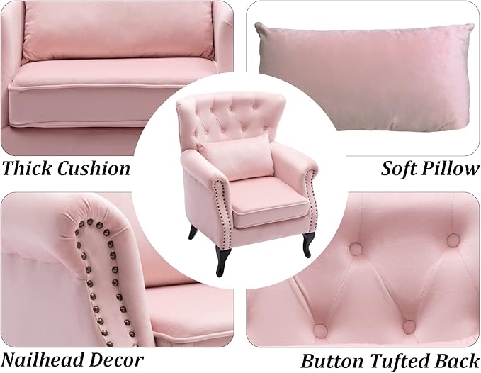Mid Century Accent Chair for Living Room, Velvet Button Tufted Armchair Wingback Club Chair Single Sofa Lounge Chair with Pillow for Reception/Bedroom, Pink