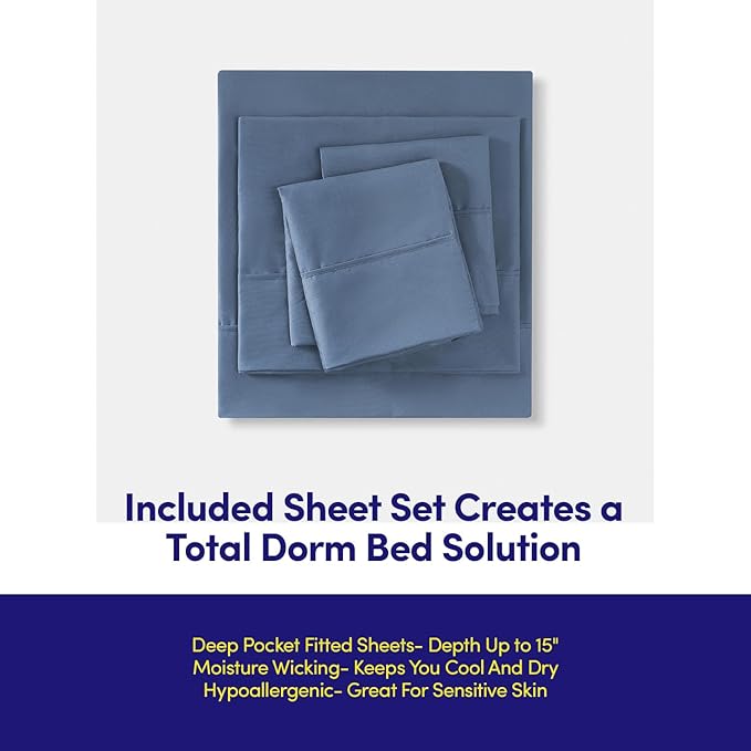 Dorm Room Essentials College Bedding Comforter Set 5 Piece Twin Size Bed in a Bag for College Students Boys and Girls, Twin, Denim Blue
