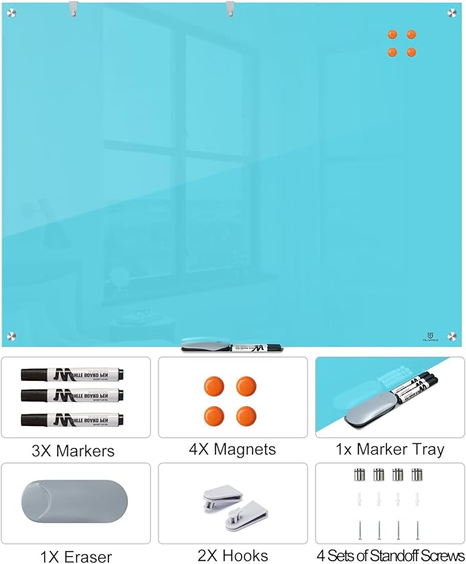 TSJ OFFICE Glass Dry-Erase Board - 48 x 32 Inches Wall Mounted Glass Whiteboard, Large Frameless Magnetic White Board for Office, Home & School, Blue