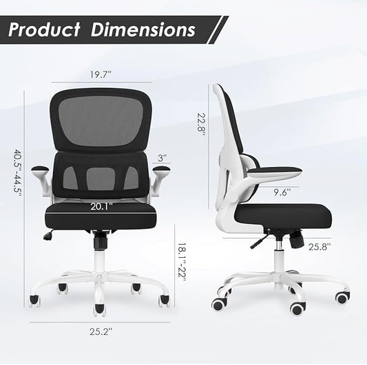 Soohow Office Chair, Mesh Ergonomic Office Chair with Lumbar Support, Comfy Swivel Computer Desk Chair with Flip Armrest Rolling Wheels for Home Study Room Office, White & Black