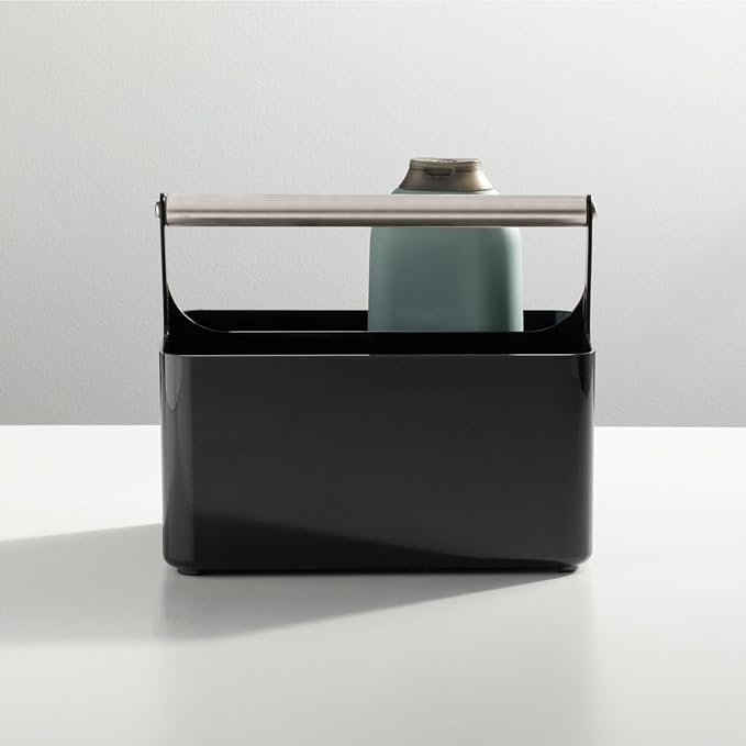 mDesign Plastic Shower Caddy Storage Organizer Utility Tote, Divided Basket Bin - Metal Handle for Bathroom, Dorm, Kitchen, Holds Soap, Shampoo, Conditioner - Aura Collection - Black/Brushed Chrome