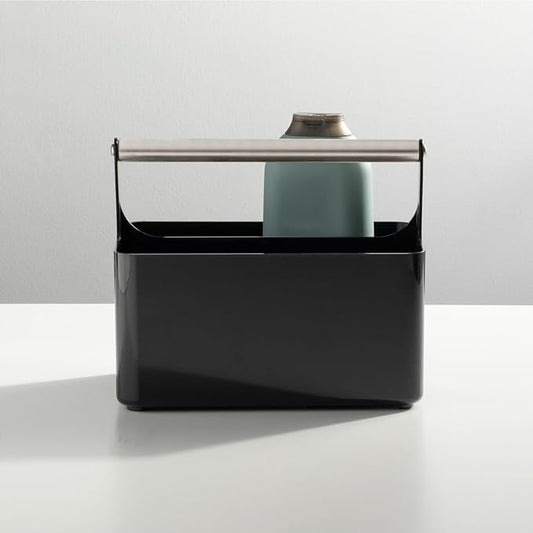 mDesign Plastic Shower Caddy Storage Organizer Utility Tote, Divided Basket Bin - Metal Handle for Bathroom, Dorm, Kitchen, Holds Soap, Shampoo, Conditioner - Aura Collection - Black/Brushed Chrome