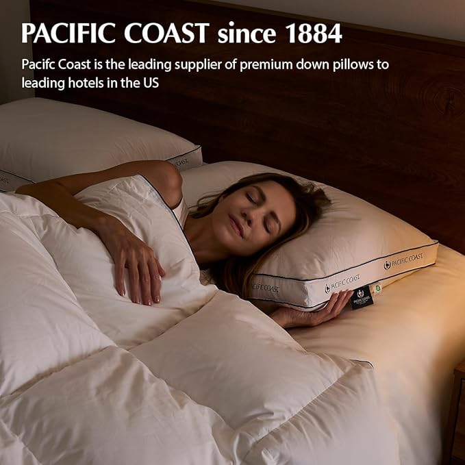 Pacific Coast Goose Feather and Down Firm Bed Pillows Standard Size Set of 2 with Gusset, Luxury Hotel Collection Pillows 2 Pack for Sleeping, Supportive for Side Sleepers and Back Sleepers