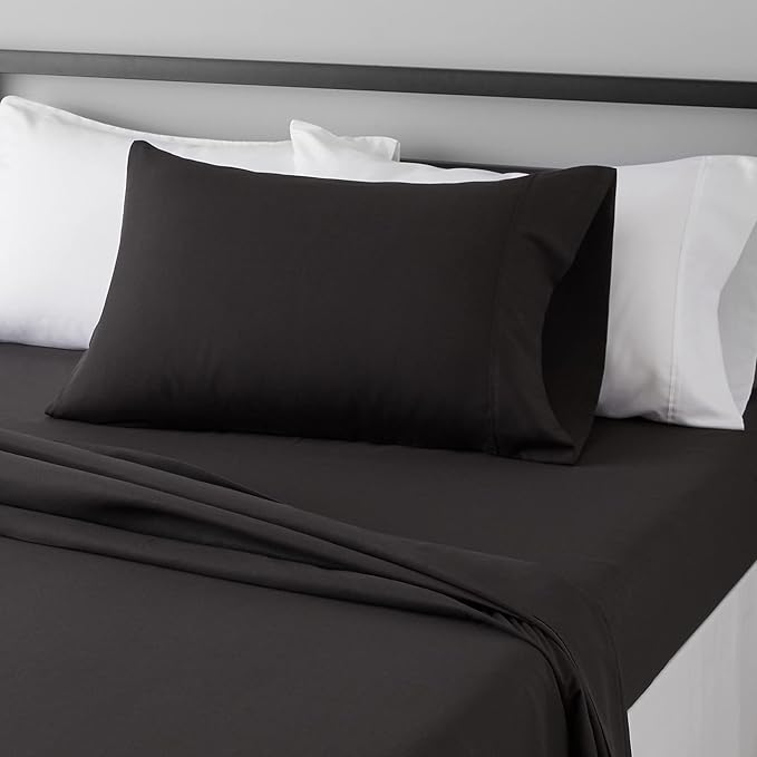 Amazon Basics Lightweight Super Soft Easy Care Microfiber 3 Piece Bedsheet Set with 14-Inch Deep Pockets, Twin XL, Black, Solid AmazonBasics