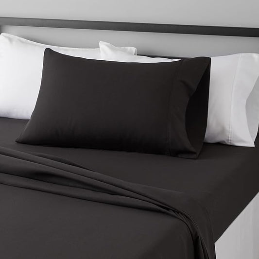 Amazon Basics Lightweight Super Soft Easy Care Microfiber 3 Piece Bedsheet Set with 14-Inch Deep Pockets, Twin XL, Black, Solid AmazonBasics