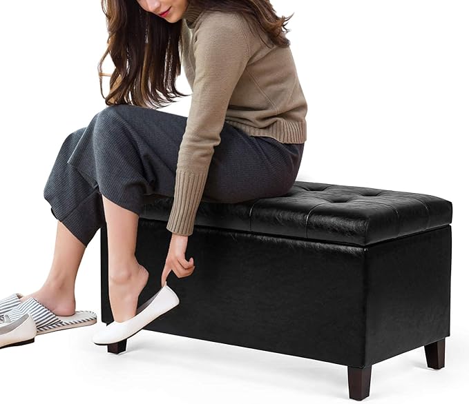 Joveco Storage Ottoman Bench, 33 Inches Faux Leather Rectangle Tufted Foot Stool for End Foot of Bed, Bedroom, Living Room, Black