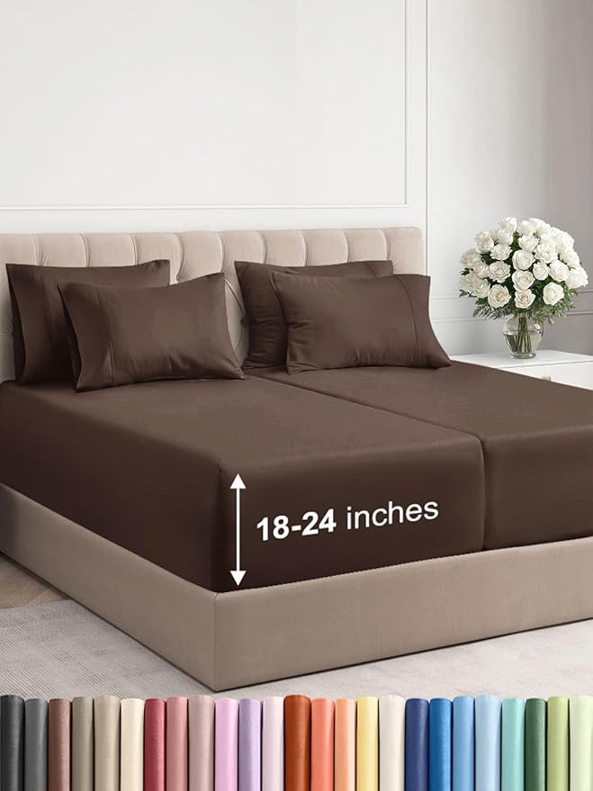 Extra Deep Split King Sheet Set - 7 Piece Breathable & Cooling Sheets - Hotel Luxury Bed Sheets Set - Easy & Secure Fit - Soft, Wrinkle Free & Comfy Sheets Set - Brown Sheet Set w/Extra Deep Pockets