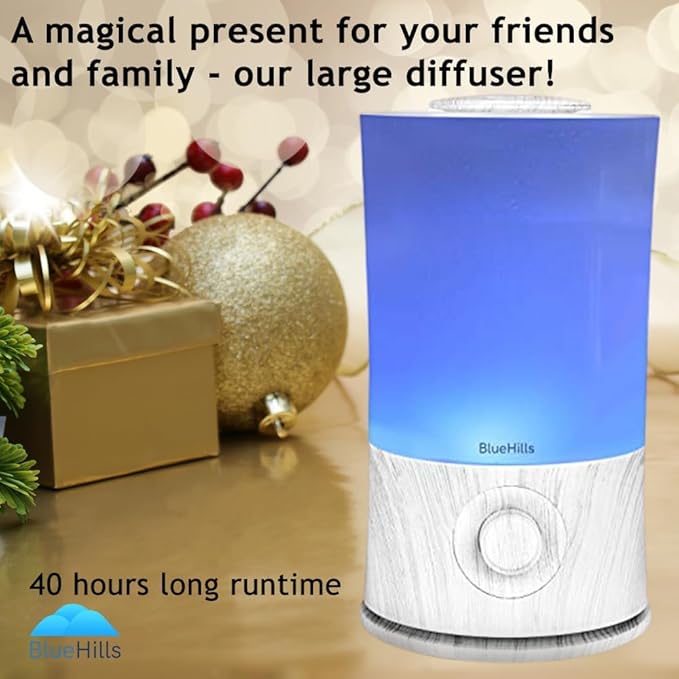 BlueHills Premium 2000 ML XL Large Essential Oil Diffuser Aromatherapy Humidifier for Large Room Home 40 Hour Run Huge Coverage Area Lights 2 Liter Extra Large Capacity Diffuser White Wood Grain E004