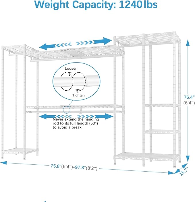 VIPEK X40 Expandable Large Reach-in Closet Rack Adjustable from 6'4" to 8'2'' with Extendable Shelves and Hanger Rods, Walk-in Clothes Rack Mental Freestanding Clothing Racks, Max Load 1240LBS, White