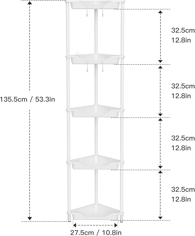 Orimade Rustproof 5 Tier Floor Standing Corner Shower Caddy Organizer, Plastic Metal Splicing Floor Corner Shelf Rack Stands for Bathroom, White