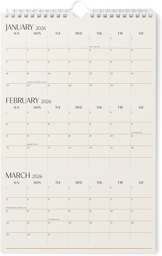 Karto 3 Month Wall Calendar 2026 - Vertical 11x17 inch January 2026 to June 2027 - Boost Your Productivity and Easy Planning with the Aesthetic Monthly Calendar - Beige