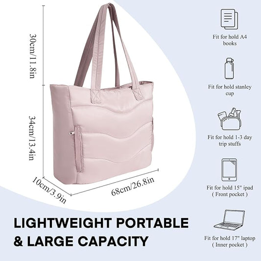 Skycase Puffer Tote Bag for Women - Lightweight Puffy Work Handbag- Large Laptop Quilted Shoulder Bag for Daily, Travel, Gym