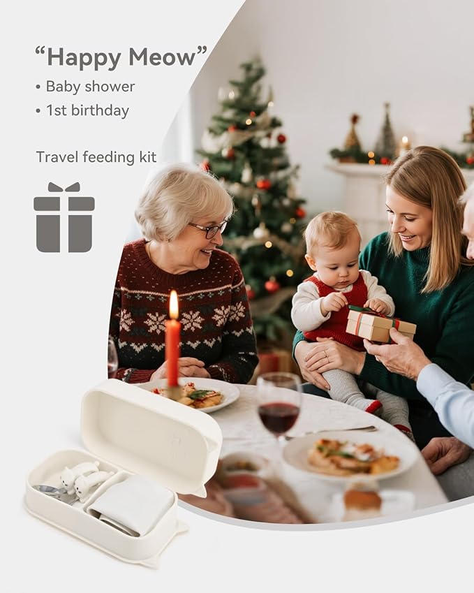 Baby Suction Plates for Toddlers, 6Pcs Travel Silicone Feeding Set for Toddlers/Kids, Foldable, Non-Slip Dishwasher Safe Plates & Utensils, BPA Free, Cat Design Gift Ready (Beige)