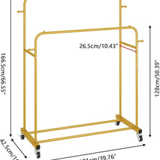 Laiensia Double Rods Garment Rack with Wheels, Clothing Rack for Hanging Clothes,4 Hooks, Multi-functional Bedroom Clothes Rack, Gold