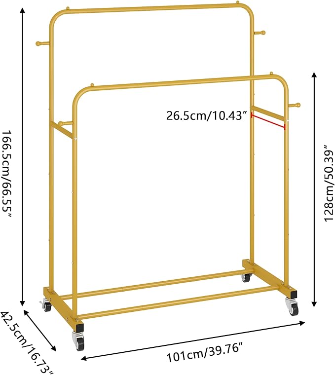 Laiensia Double Rods Garment Rack with Wheels, Clothing Rack for Hanging Clothes,4 Hooks, Multi-functional Bedroom Clothes Rack, Gold