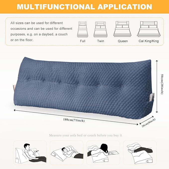 Large Triangular Headboard Wedge Pillow Soft and Supportive Headboard Backrest Positioning Support Bolster Cushion, Bed Wedge Pillow with Removable Cover(Dark Blue,Cal King,71x8x20inch)