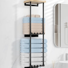 HapiRm Towel Racks for Bathroom Storage - No Drill Wall Mounted Towel Holder with Shelf and 6 Hooks, Rolled Towel Storage Bath Towel Organizer for Small Bathroom, Camper, Rv - Black