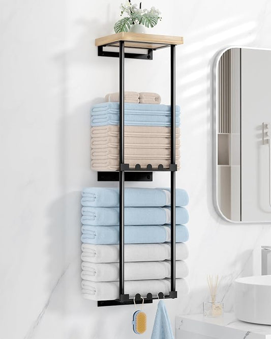 HapiRm Towel Racks for Bathroom Storage - No Drill Wall Mounted Towel Holder with Shelf and 6 Hooks, Rolled Towel Storage Bath Towel Organizer for Small Bathroom, Camper, Rv - Black