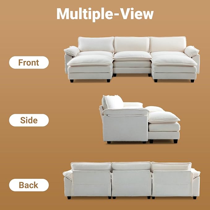VINGLI 122" Cloud Teddy White Convertible Sectional Sofa, Comfy U-Shape Extra Deep Seat Sofa Couch for Living Room,Modern Chenille 3-Seat Convertible Sofa with 2 Movable Ottomans for Small Space