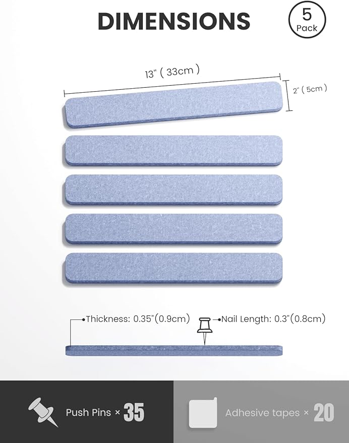 Cork Board Alternative Felt Strip Board 5-Pack 13"x2", Office Pin Board with 35 Push Pins, Adhesive Install for Bedroom Door & Home Office(Soft Periwinkle)