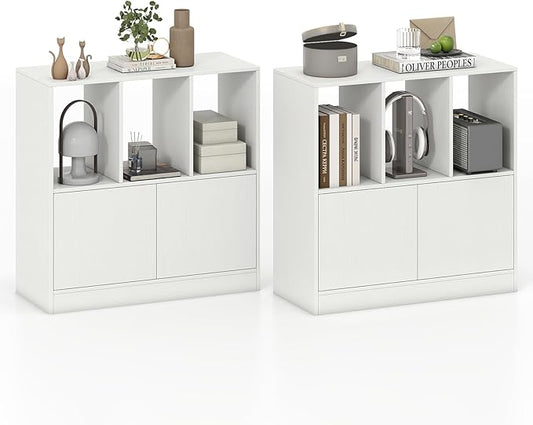 GOFLAME 3 Cube Bookcase with Doors, 3-Tier Cubby Book Shelf with 3 Open Compartments, Cabinet, Wooden Small Display Shelf, Freestanding Cubic Storage Organizer for Living Room, Study (2,White)