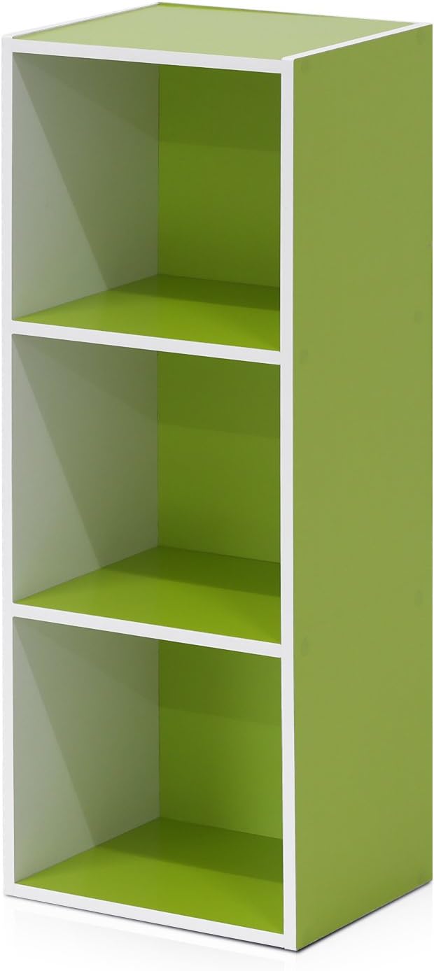 Furinno LUDER Book Shelf, 3-Cube Bookshelf, Bookcase with Open Shelves, 9.3 x 12 x 31.5, for Living Room, Bedroom, Home Office, White/Green