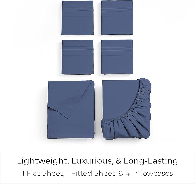 Mellanni Queen Sheet Set - 6-Piece Iconic Collection Bedding, (Including 4 Pillowcases), 21-Inch Extra Deep Pocket, Easy Care, Ultra Soft, Cooling Sheets, Brushed Microfiber - Blue Nova