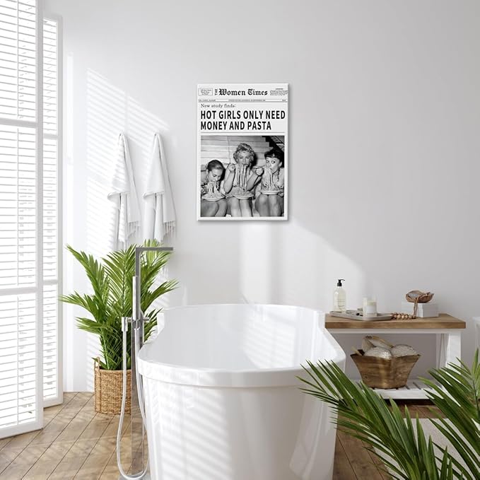 Vintage Women Times Newspaper Canvas Wall Art Black and White Aesthetic Poster Funky Hot Girl Eating Pasta Fashion Prints for Italian Kitchen Bar Cart Girly Dorm Room Art Posters 16x24inch Framed