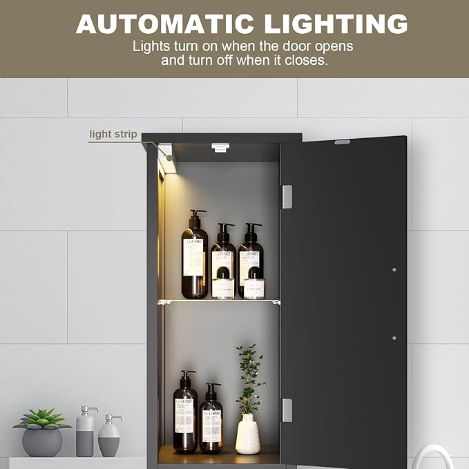 67" Tall Bathroom Storage Cabinet with Lights, Slim Narrow Bathroom Cabinet Organizer with Doors and Adjustable Shelves, Tall Cabinet for Small Space (66.9" Tall-Black with Light, 1 Pack)