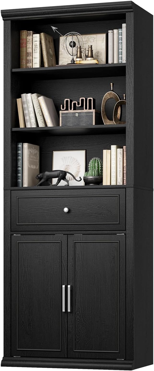 Rresyet Bookcase, 6 Tier Black Bookshelf 28" W Tall Minimalist Bookshelves with Storage Cabinet Suitable for Offices, Libraries, Living Rooms