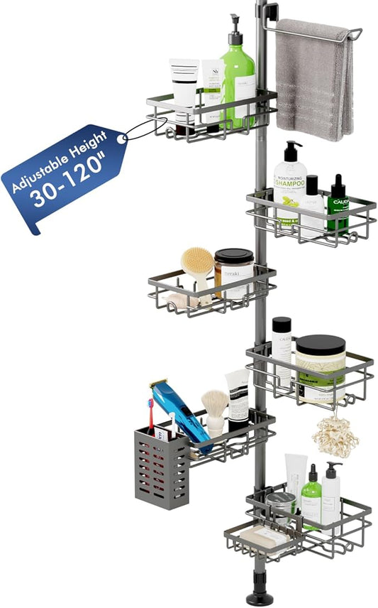 Corner Shower Caddy Tension Pole,30-120 Inch Adjustable Shower Organizer, 6-Tier Shower Shelves with Towel Rack/Toothbrush Holder/Soap Dish, Bathroom Corner Storage Rust-Resistant