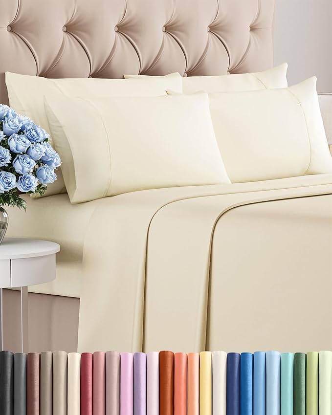 Cal King Sheets Set 6 Piece - Includes 4 Pillowcases - Bed Sheets Cal King Size - Soft Hotel Luxury Bedding - Cooling, Comfy & Breathable - 1 Flat, 1 Fitted & 4 Pillowcases w/ Deep Pockets - Off White