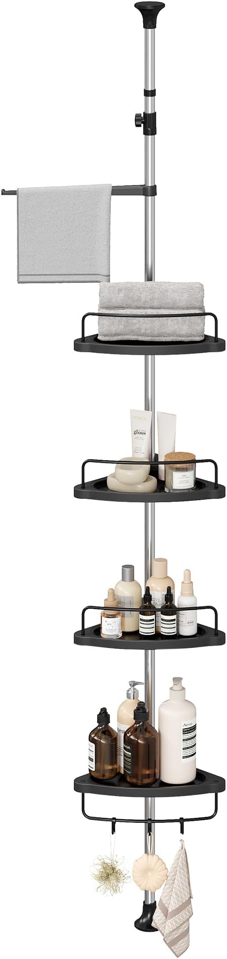SONGMICS Corner Shower Caddy Tension Pole, 4-Tier Rust-Resistant Shower Organizer, Shower Shelf, Drill-Free, 35.8 to 118.1 Inches, Height Adjustable Trays, for Bathroom, Ink Black UBCB008B01