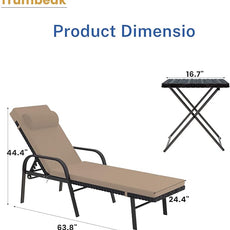 Patio Chaise Lounge Set 3 Pieces Pool Lounge Chairs,Cushioned Outdoor Folding Lounge Chair w/Arm and Rattan Adjustable Backrest for Poolside Porch,Folding Table Included,Sand