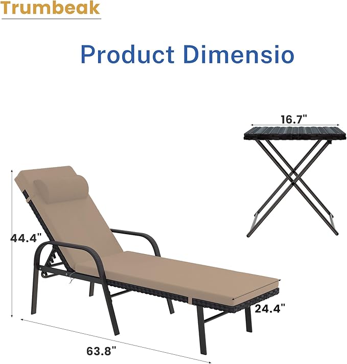 Patio Chaise Lounge Set 3 Pieces Pool Lounge Chairs,Cushioned Outdoor Folding Lounge Chair w/Arm and Rattan Adjustable Backrest for Poolside Porch,Folding Table Included,Sand
