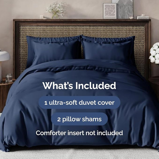 Duvet Cover Super King Size Set - Extra Soft Duvet Cover 108 x 98 with 2 Pillow Sham - Hotel Luxury, Easy Care & Fade Free with Zipper Closures & Ties - Comfy, Cozy Breathable Bedding Set (Navy Blue)