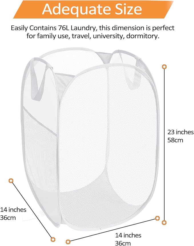 Durable Collapsible Laundry Baskets, Reinforced Mesh Pop Up Laundry Hamper, Foldable Clothes Hampers with Carry Handles for Laundry, Bathroom, Kids Room, Dorm or Travel White