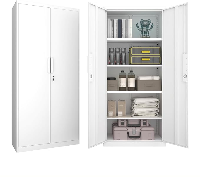 72" Metal Storage Cabinet with Doors and Adjustable Shelves,Locking White Storage Cabinet with Lock,Office,Gym,School,Home