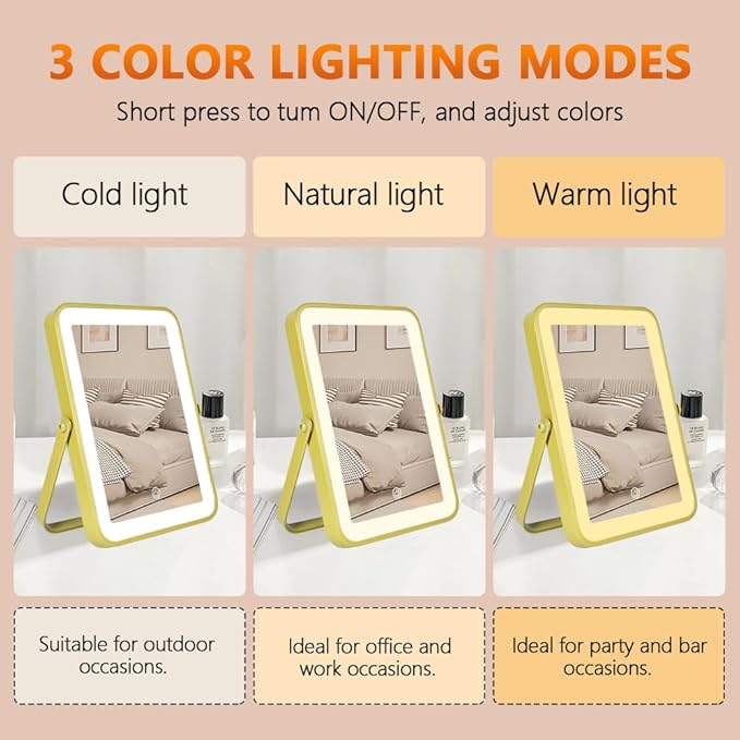Gold Rechargeable Makeup Mirror with Lights, LED Vanity Mirror, 3 Color Modes, Portable Desktop Mirror, Adjustable Brightness, Ideal for Dorm and Home Use