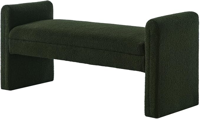 24KF Modern Upholstered Bed Bench Covered with Soft Boucle Teddy Fabric, Lovely Entryway Bench Ottoman with Armrest,5062-Dark Green