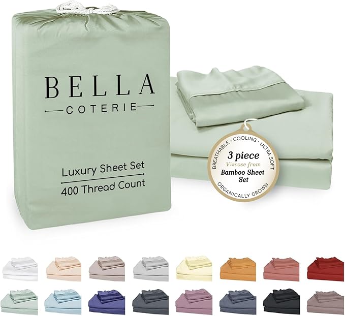 Bella Coterie Luxury Bamboo Viscose Twin Size Sheet Set | 100% Organically Grown | Ultra Soft | Cooling for Hot Sleepers | 18" Deep Pocket [Sea Glass]