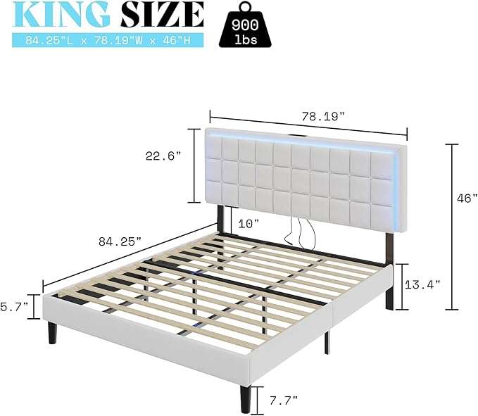 AMERLIFE King Size Button Tufted Platform Bed Frame with LED Lights, Upholstered Bed Frame with Charging Station, Wood Slat Support, Mattress Foundation, White
