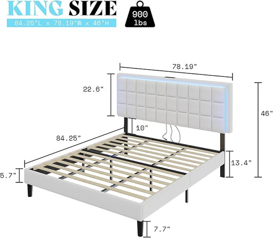 AMERLIFE King Size Button Tufted Platform Bed Frame with LED Lights, Upholstered Bed Frame with Charging Station, Wood Slat Support, Mattress Foundation, White